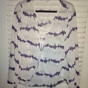 Dressy White and Purple sheer faux wrap blouse